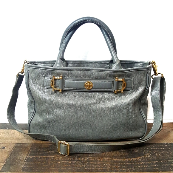 Tory Burch Leather Horsebit Satchel Crossbody Handbag Gray - Picture 2 of 16